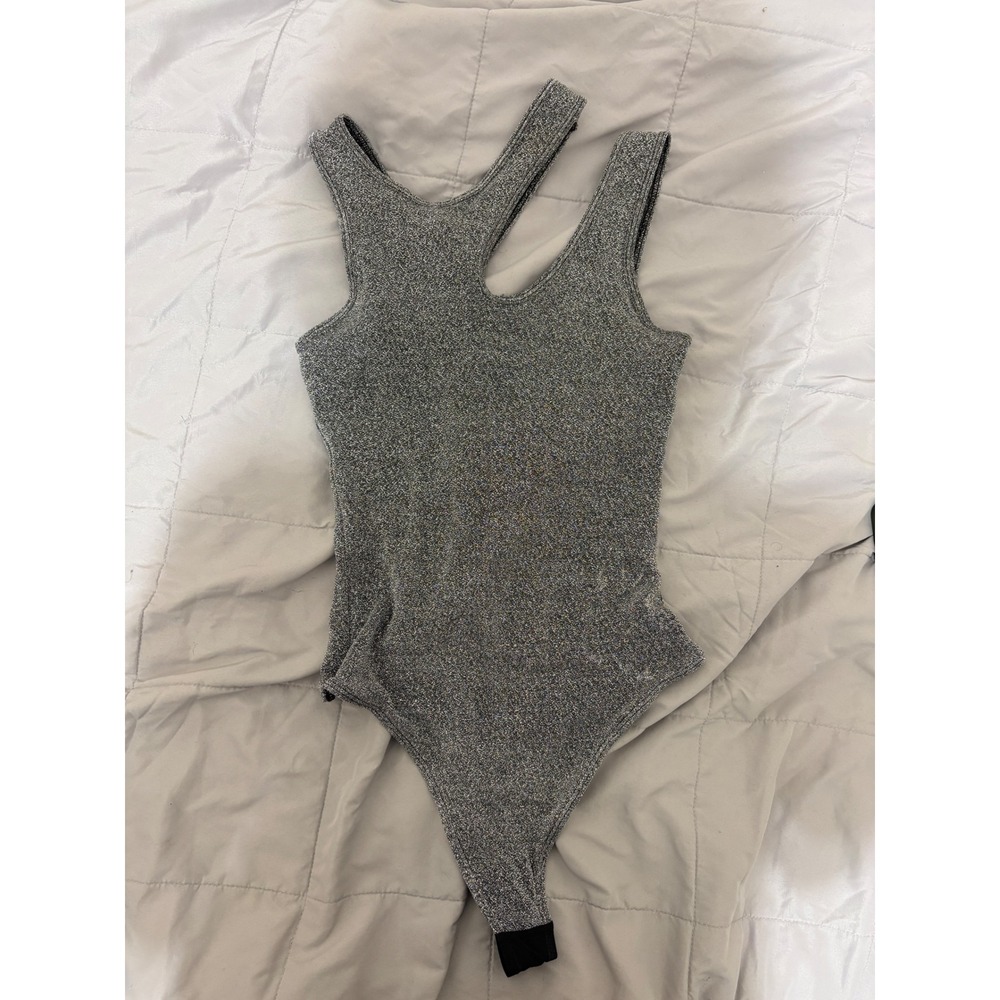 ALIX NYC Silver Metallic Asymmetrical Cutout Sleeveless Bodysuit Small Party